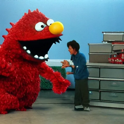 Image similar to godzilla elmo hybrid destroying sesame street