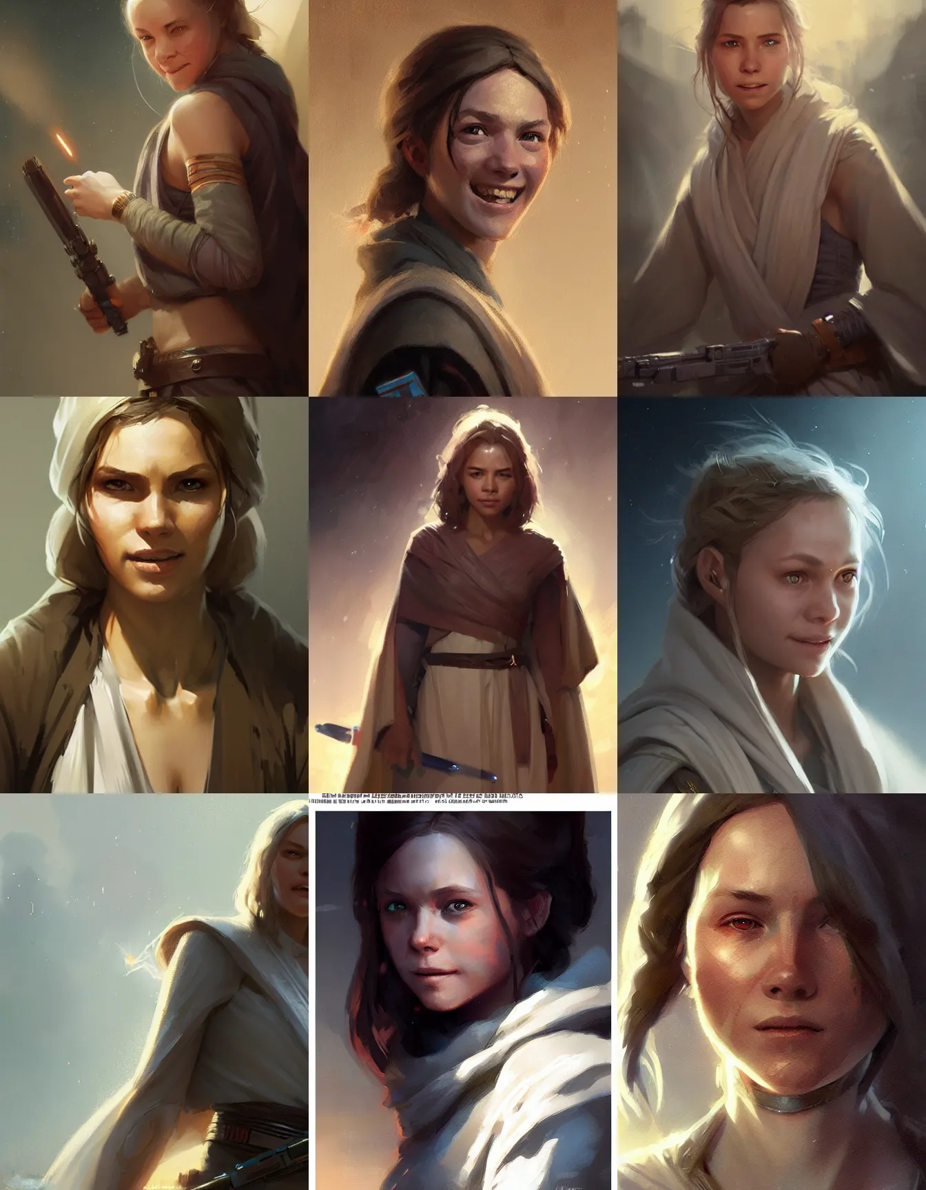 Prompt: young female jedi, smiling, digital portrait by greg rutkowski, intricate, soft focus, highly detailed, cinematic, epic, artstation