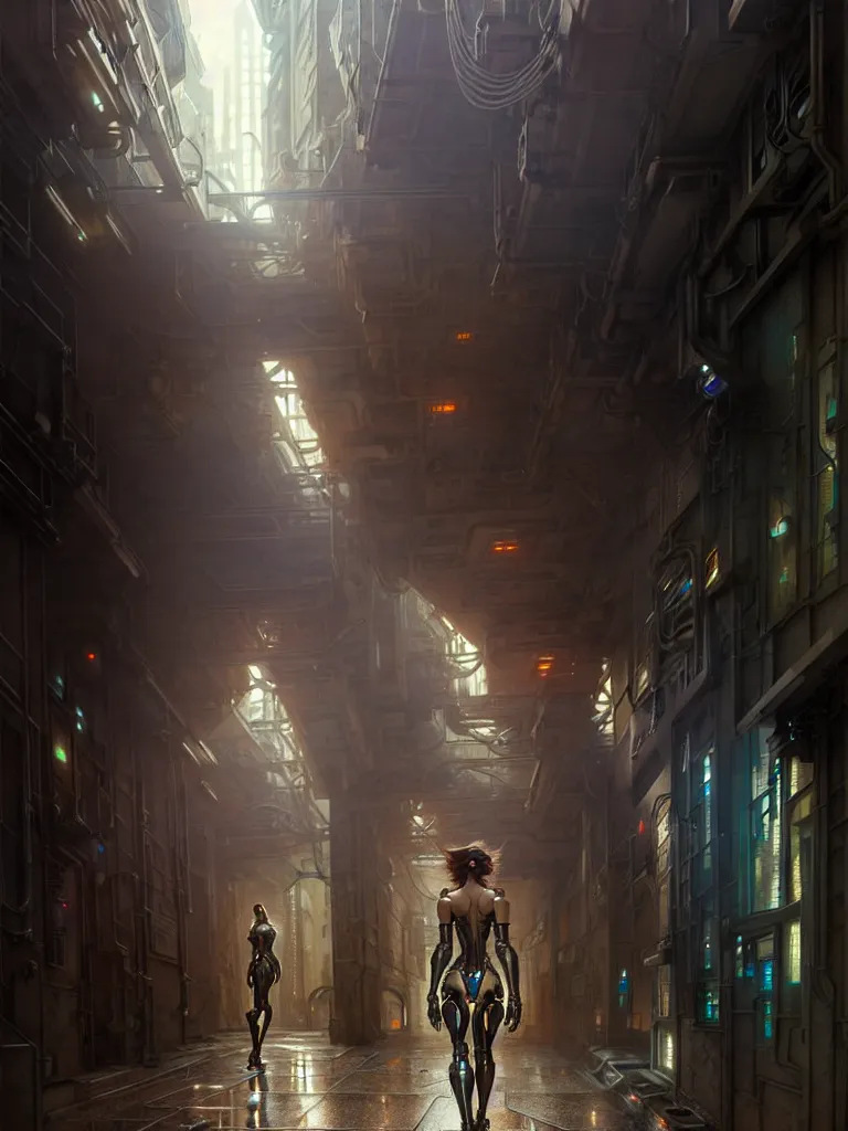 Image similar to ultra realistic, beautiful female cyborg walking down an alley in a megalopolis, sci-fi, intricate details, eerie, highly detailed, octane render, 8k, art by artgerm and alphonse mucha and greg rutkowski