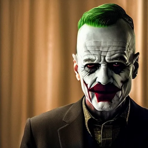 Prompt: A still of Walter White as the Joker in Joker (2019)