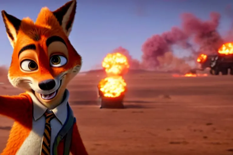 Image similar to nick wilde ( from zootopia ), heavily armed and armored facing down armageddon in a dark and gritty reboot from the makers of mad max : fury road : witness me