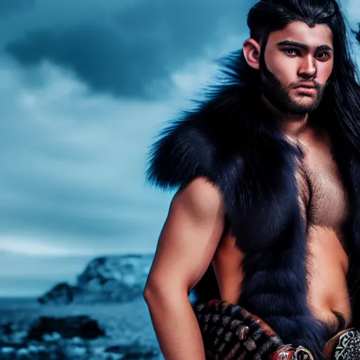 Image similar to a male DND barbarian wearing fur coat holding a small blue-skinned Triton girl with black hair, high resolution film still, 4k, HDR colors