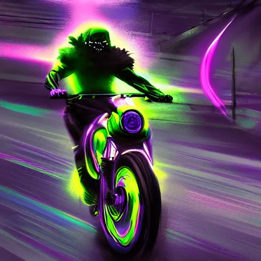 Image similar to psychedelic blacklight neon airbrush artwork, motorcycle, hyper stylized cinematic action shot of an orc racing on a motorcycle, menacing orc, drifting, skidding, wheelie, clear focused details, soft airbrushed artwork, black background, post apocalypse, cgsociety, artstation, peter lloyd art, peter palombi art