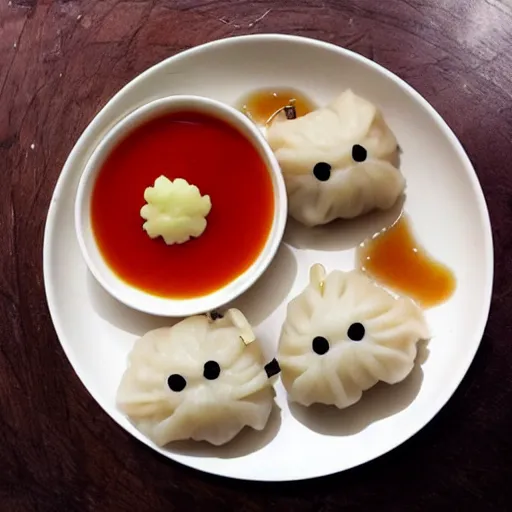 Image similar to anime dumplings with chilli sauce made by hayao miyazaki, ghibli art style