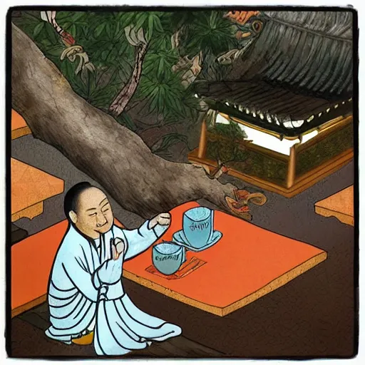 Image similar to zhuangzi drinking chinese tea in a chinese tea house, smiling, introspective, deep mystical knowledge