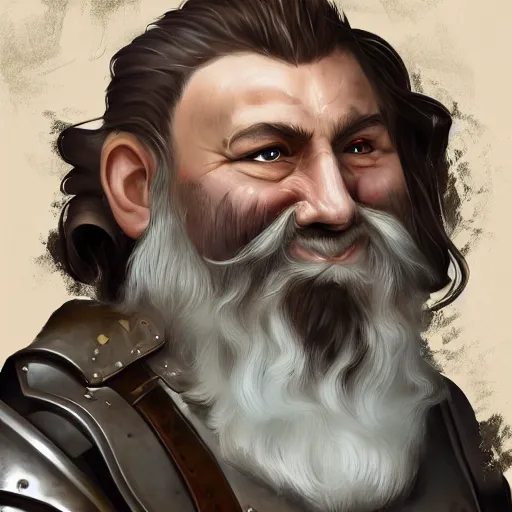 Prompt: portrait, 40 years old :: fantasy dwarf, thin :: beard, brown eyes, short pure white hair :: full plate armor litely golden :: high detail, digital art, RPG, concept art, illustration