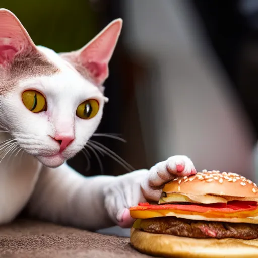 Prompt: hairless cat sniffing a hamburger