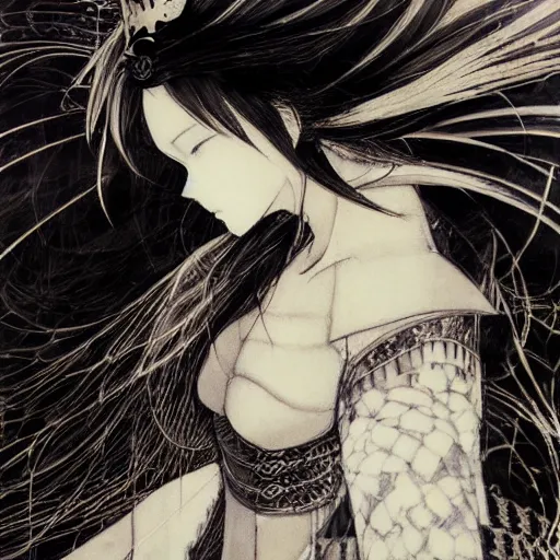 Image similar to yoshitaka amano blurred and dreamy illustration of an anime girl with black eyes, wavy white hair fluttering in the wind wearing elden ring armor and crown with engraving, abstract black and white patterns on the background, noisy film grain effect, highly detailed, renaissance oil painting, weird portrait angle, blurred lost edges, three quarter view