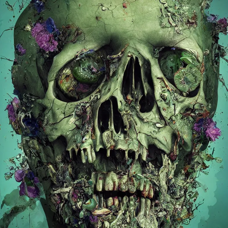 Image similar to A beautiful oil painting hyperrealism of a decayed zombie head, green bulging eyes, rotten green skin, grey beard, blue veins, skull bones flowers, 8k resolution, octane render, Trending on artstation, by Gediminas Pranckevicius, volumetric light 2blue fractal Thunder glow by dan mumford, anaglyph effect, Laurie Lipton