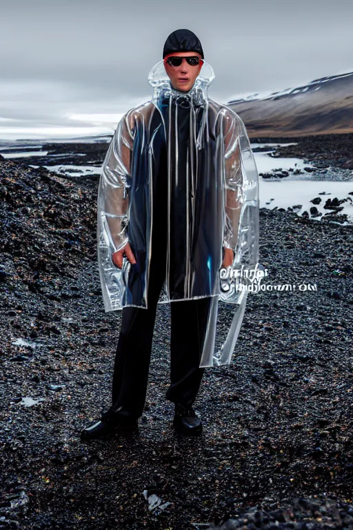 Image similar to an ultra high definition professional high fashion portrait studio full length photograph of a male model wearing a transparent pearlescent raincoat and neon visor in an icelandic black rock environment at dawn. no artefacts. extremely detailed. stark. refraction. shallow depth of field. volumetric light and shadow. ray tracing. light rays.