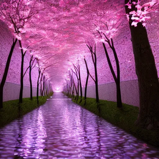 Image similar to photorealistic beautiful cherry blossom forest with paper lanterns illuminating the stone pathway. hyperdetailed photorealism, 1 0 8 megapixels, river, amazing depth, glowing rich colors, powerful imagery, psychedelic overtones, 3 d finalrender, 3 d shading, cinematic lighting, artstation concept art