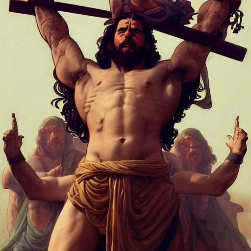 Image similar to hulking herculean ogre jesus christ crucified on the cross, masterpiece, intricate, elegant, highly detailed, digital painting, artstation, concept art, smooth, sharp focus, illustration, art by artgerm and greg rutkowski and alphonse mucha and uang guangjian and gil elvgren and sachin teng, symmetry!!