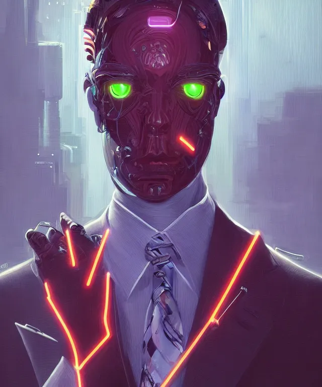 Image similar to a male android portrait wearing a suit and tie, surrealism, scifi, intricate, elegant, sharp eyebrows, highly detailed cybernetic body, neon glowing eyes, digital painting, artstation, concept art, smooth, sharp focus, illustration, art by artgerm and moebius and peter mohrbacher