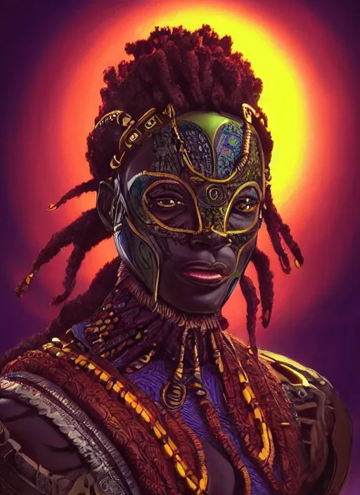 Image similar to highly detailed digital painting of afrofuturistic wakandan voodoo mask biocircuitry, sinister, artstation, concept art, matte, sharp focus, illustration, dramatic, cinematic sunset, hearthstone, art by artgerm and greg rutkowski and alphonse mucha