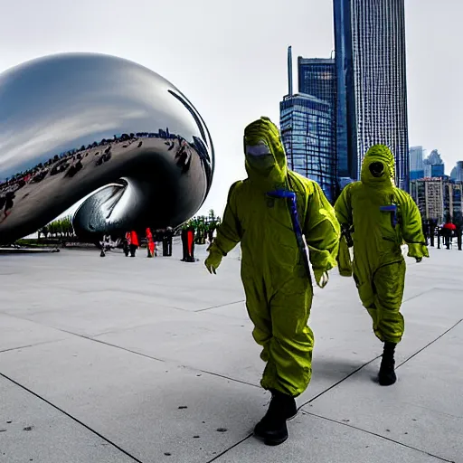 Image similar to chinese soldiers in hazmat suits with grey skies carrying machine guns, cloud gate chicago