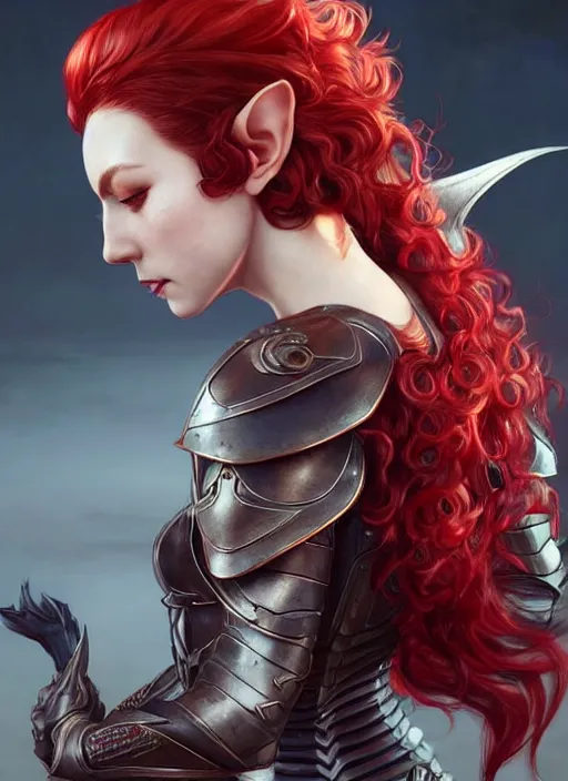 Image similar to leather armor!!! beautiful and elegant curly red hair female elf!! gorgeous ayes!! character concept art, sharp focus, octane render! unreal engine 5! highly rendered!! trending on artstation!! detailed linework!! illustration by artgerm, wlop, and chie yoshii