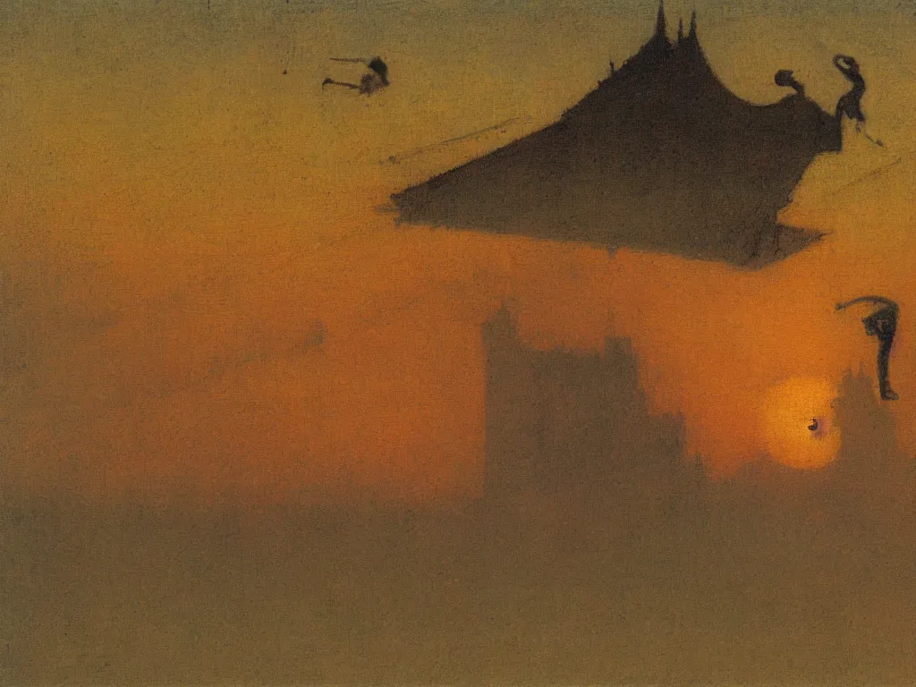 Image similar to painting by mikalojus konstantinas ciurlionis. devil jumping from roof to roof. sunset.