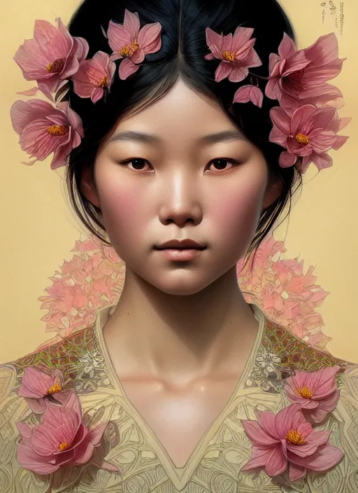 Image similar to symmetry portrait of floral yunnan girl, intricate, elegant, highly detailed, digital painting, artstation, concept art, smooth, sharp focus, illustration, art by artgerm and greg rutkowski and alphonse mucha, 8 k