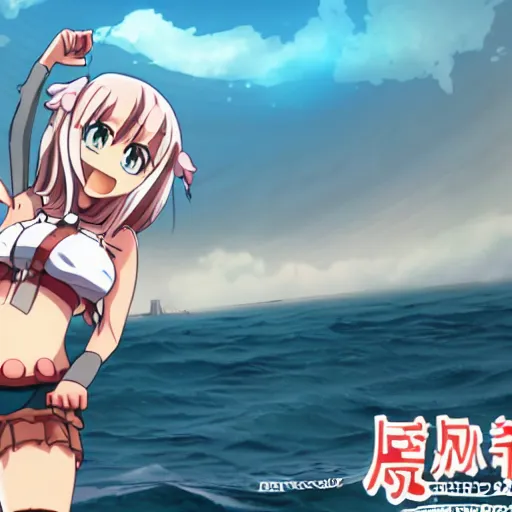 Prompt: Northern ocean princess from the browser anime game Kantai Collection standing in the middle of the ocean , smiling at camera.