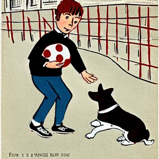 Image similar to book illustration of a french boy on the streets of paris playing football against a corgi, the dog is wearing a polka dot scarf, 1 9 6 6