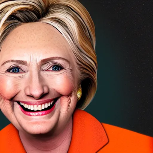 Image similar to portrait of president hillary clinton as a smiling laughing bright orange lizard person with bumpy skin, airbrush painting, hyper detailed, 8 k, photorealism.