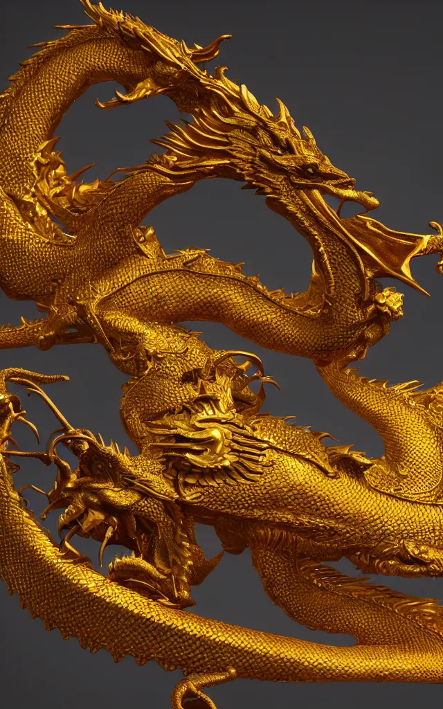 Image similar to depicting a golden dragon. hyper - real, ultra realistic, dark atmosphere, cinematic, 8 k, octane render