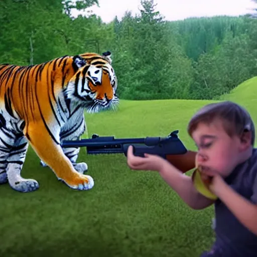 Image similar to tiger and his ar - 1 5 shooting trees, high definition, amazing, toilet babies watching