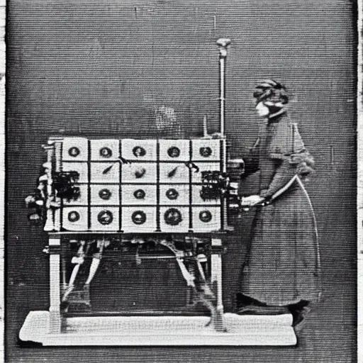 Image similar to grainy 1800s photo of a mechanical industrial era artificial intelligence made out of a jacquard loom