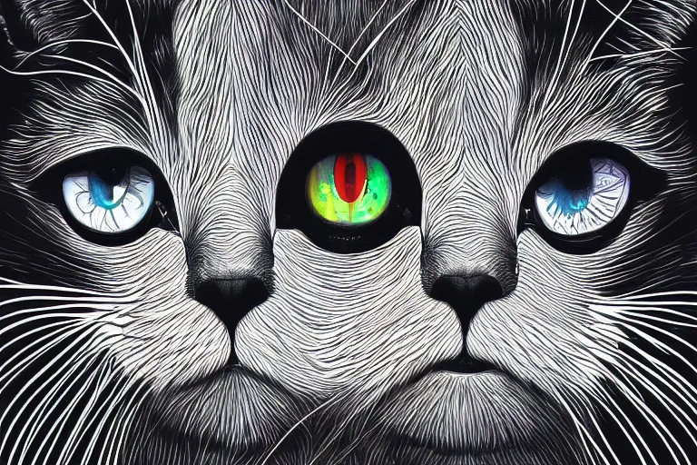 Image similar to portrait of surreal cat with 3rd eye, dmt, trippy, highly detailed, photorealistic, reflections, smooth, sharp focus, concept art, illustration, beautiful, geometric, trending on artstation, cinematic, featured on behance , artwork by WLOP and Tran, Ross