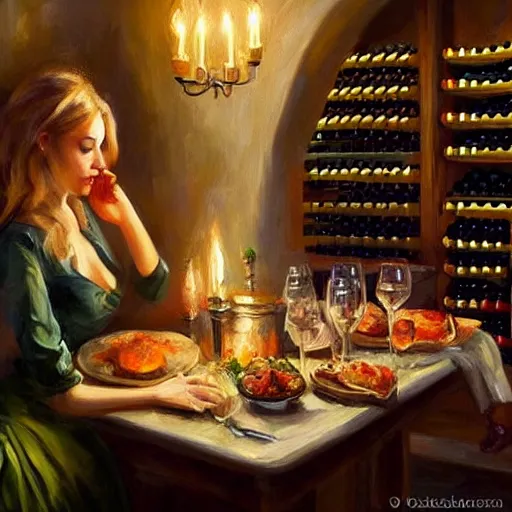 Image similar to wine cellar full of food, torches on the wall, schnapps, romantic, inviting, cozy, blonde woman, painting Vladimir Volegov