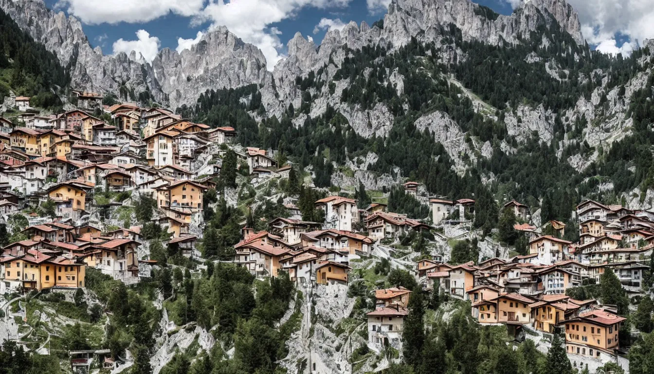 Prompt: an italian town in the dolomites mountains, horror, creepy, unsettling, scary