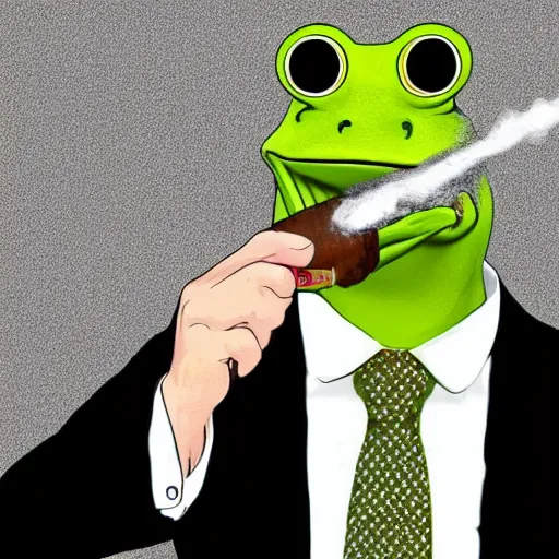 Image similar to a frog 🐸 wearing a suit smoking a cigar