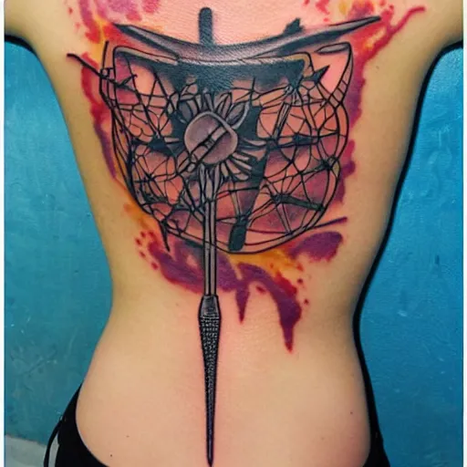 Image similar to a tattoo of a magic fork across a female back, rich beautiful colors