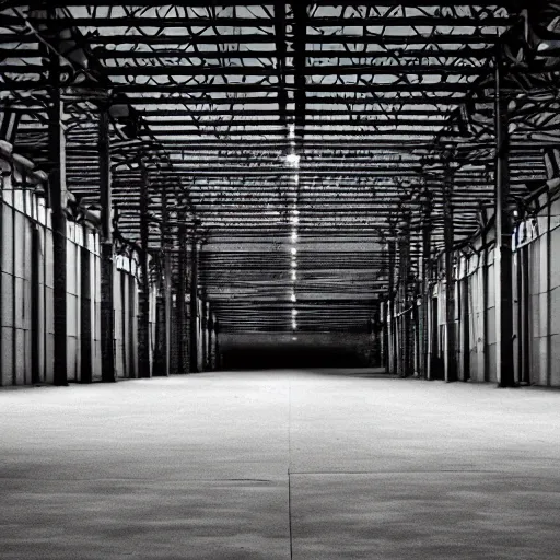 Image similar to an empty warehouse at night, eerie atmosphere, white hue