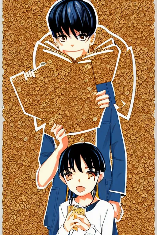 Prompt: manga cover, intricate cereal boxes background, cereal, emotional lighting, character illustration by tatsuki fujimoto