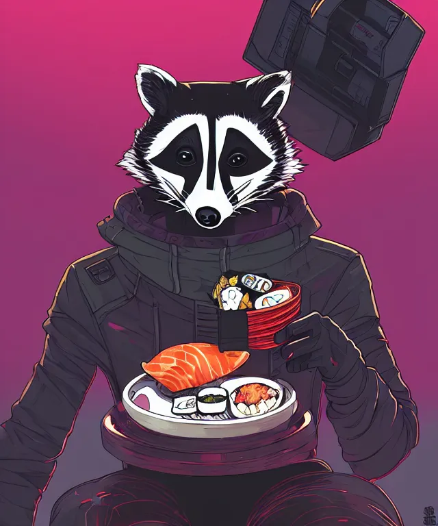 Prompt: a portrait of an anthropomorphic cyberpunk raccoon eating sushi, cyberpunk!, fantasy, elegant, digital painting, artstation, concept art, matte, sharp focus, illustration, art by josan gonzalez