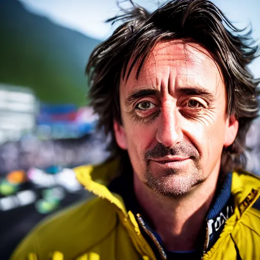 Prompt: closeup portrait of Richard Hammond as an Alpine driver at the formula 1 starting grid, by Steve McCurry and David Lazar, natural light, detailed face, CANON Eos C300, ƒ1.8, 35mm, 8K, medium-format print