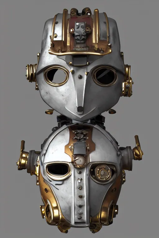 Image similar to steampunk mask minimalist fantasy art robot ninja helmet, global illumination ray tracing hdr fanart arstation by sung choi and eric pfeiffer and gabriel garza and casper konefal radiating a glowing aura