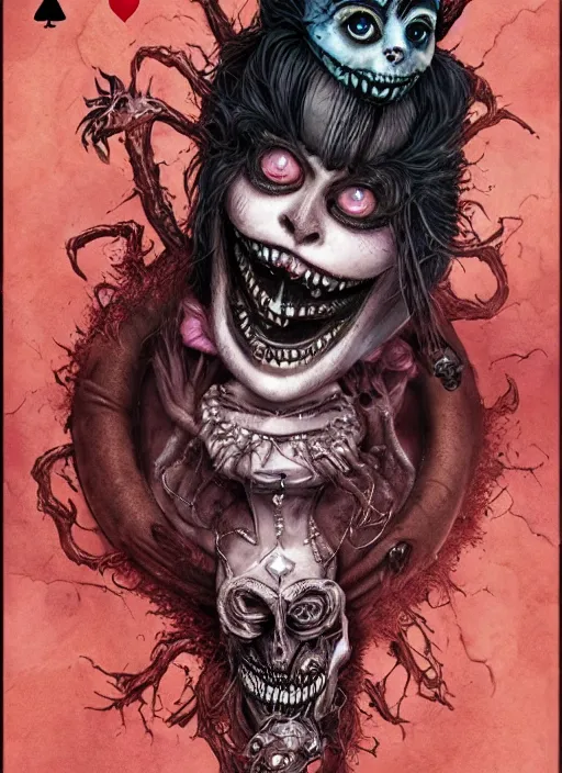 Prompt: Angry Queen of Hearts with Cheshire Cat, Death Tarot card,highly detailed,half skull face,cinematic,8k,by Stanley Artgermm,Tom Bagshaw,Greg Rutkowski,Carne Griffiths, Ayami Kojima, Beksinski, Giger,trending on DeviantArt,hyper detailed,horror, full of colour