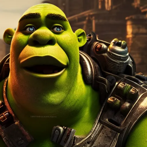 Image similar to Shrek in 'Gears of War', splash art, movie still, cinematic lighting, detailed face, dramatic, octane render, long lens, shallow depth of field, bokeh, anamorphic lens flare, 8k, hyper detailed, 35mm film grain