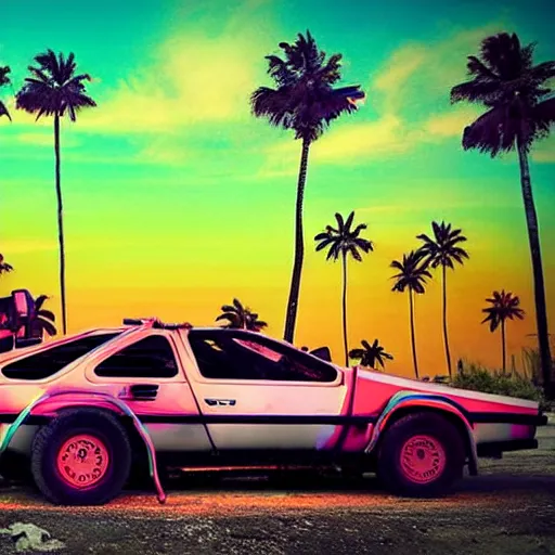Image similar to car wide shot epic post apocalyptic landscape miami nuke fire craters end of the world miami beach sunset vapor wave palm trees 80s synth retrowave delorean decal