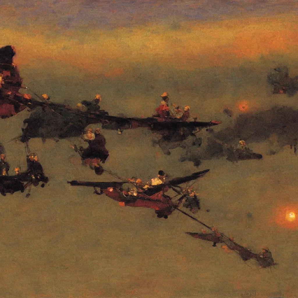 Prompt: two zepplins in the twilight, 1915, highly detailed colourful oil on canvas, by Ilya Repin