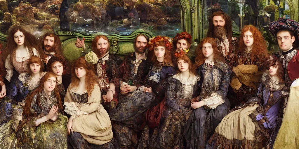 Image similar to detailed colour preraphaelite photograph group portrait of amazingly cool characterful people sat down extreme closeup, in the inside of the beautiful underwater train to atlantis, every face lifelike expressions, crowds of people sat down wearing unusual clothes, by william powell frith, 4 k