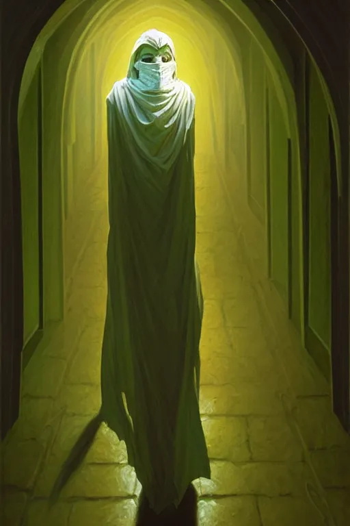 Prompt: classic oil painting, a wrapped white mummy wandering the halls, as a dnd character, inside a gray tomb, cottagecore, highly detailed, digital illustration, green smoke, concept art, smooth, sharp focus, art by tim hildebrandt, and greg hildebrandt