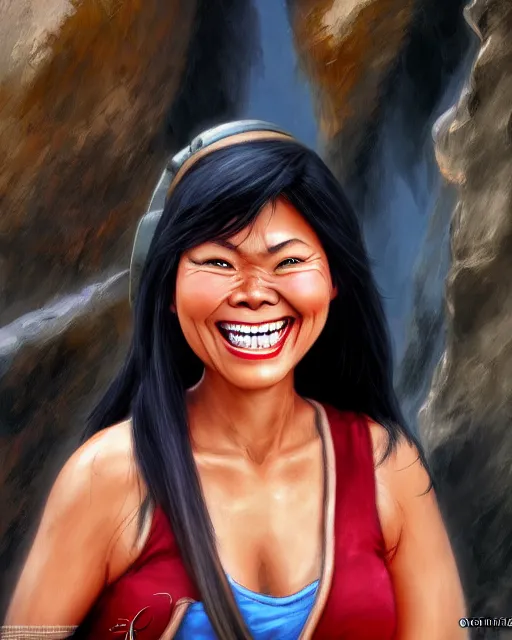 Image similar to smiling happy heavy filipina woman character portrait, by don bluth, sci - fi environment, highly detailed, dynamic shadows, 4 k, wallpaper - 1 0 2 4