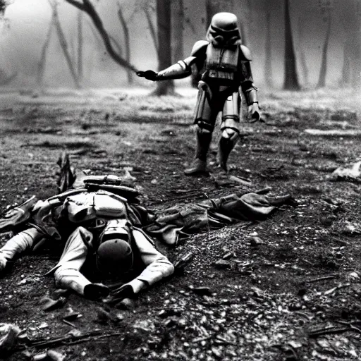 Prompt: war photography, the falling soldier, imperial stormtrooper, moment of death frozen in time, in endor, the body lies placidly on the ground, groundbreaking, breathtaking, awardwinning, by robert capa, digital intricate art, hyperrealist, detailed, 8 k, 3 5 mm, canon, extreme long shot