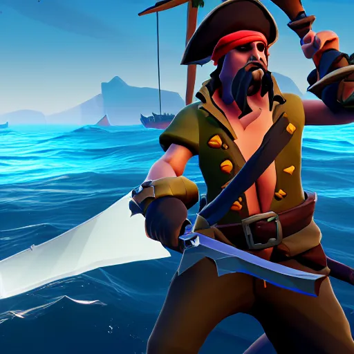 Image similar to a pirate sharpening his sword in sea of thieves, 8 k