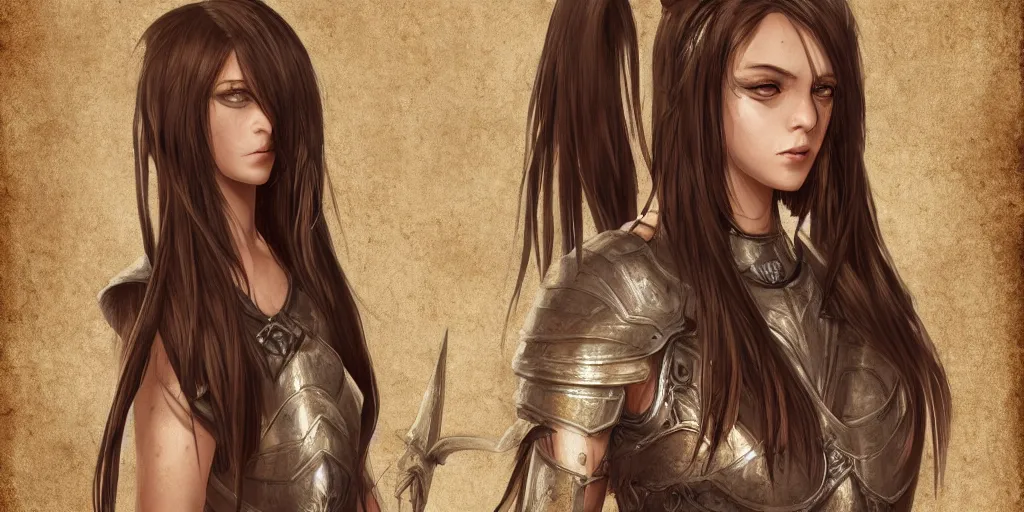 Image similar to 2 5 years old women : : dark straight hair : : brown medieval cloting, light armor, natural materials : : high detail, digital art, illustration, realistic, rpg, fantasy