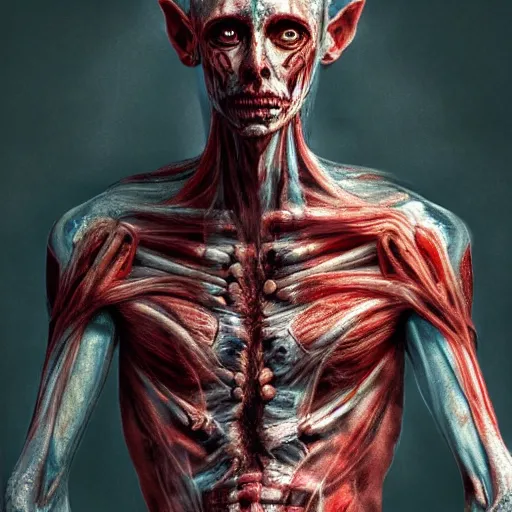 Prompt: portrait of Paimon, one of the kings of hell as human with translucent skin, visible muscles and veins and arteries and bones and spines and nerves, beautiful detailed intricate insanely detailed octane render, 8k artistic photography, photorealistic, chiaroscuro, by David Cronenberg, Raphael, Caravaggio