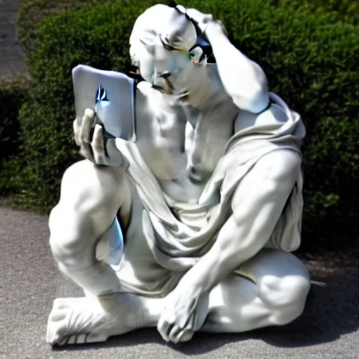 Image similar to a marble statue having trouble working on his laptop